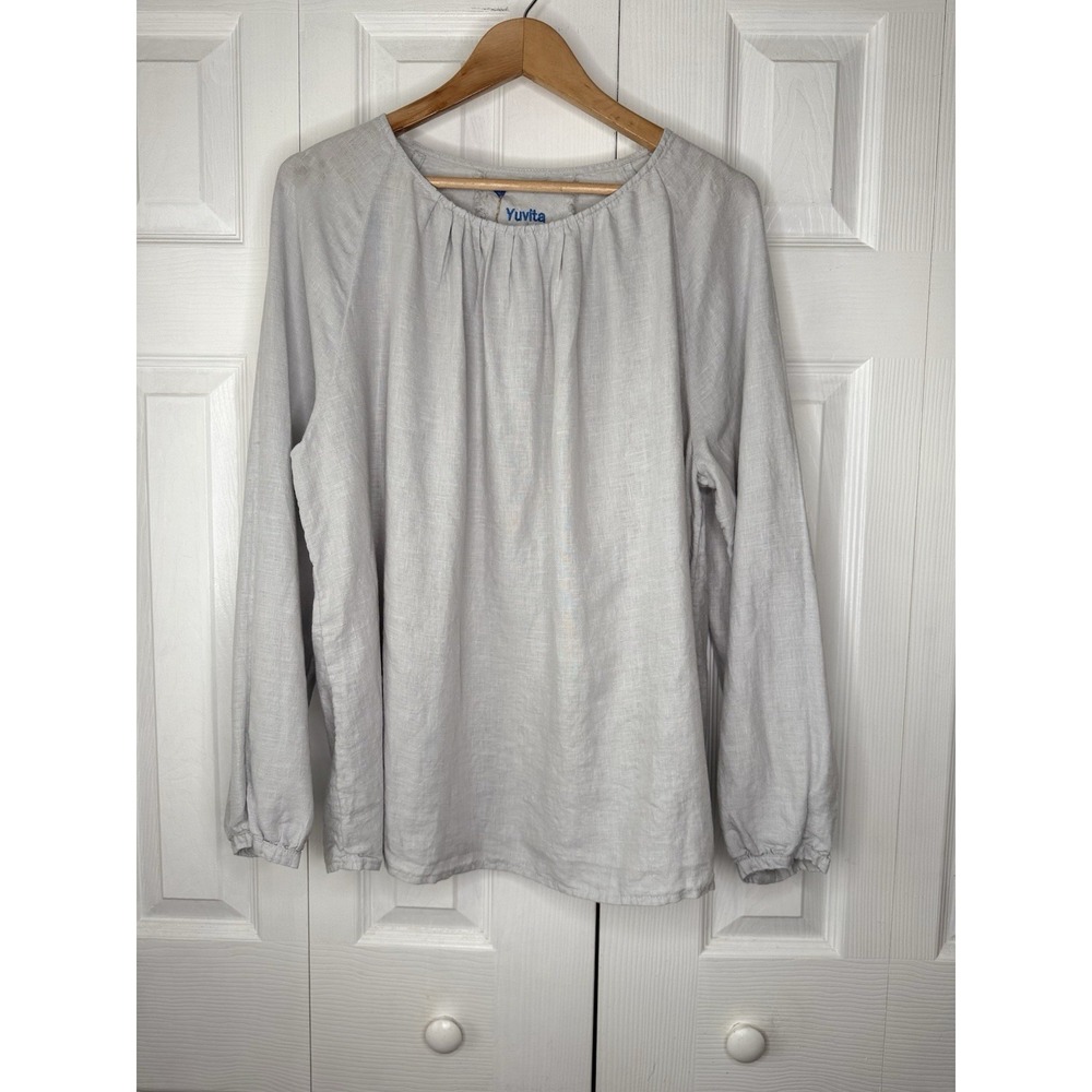 Yuvita Linen Blouse L  Light Gray Poet Peasant  Top Long Sleeve Lagenlook